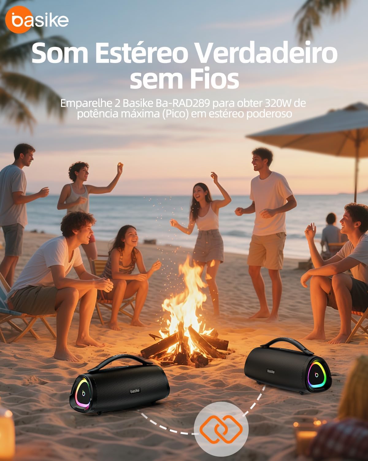Basike Caixa de Som Bluetooth Portátil 100W RMS (160W Pico), TWS Estéreo, EQ, Microfone Integrado, Luzes RGB, IPX6 Resistente à Água, 12h de Bateria para Home Theater, Festa e Exterior – Preto