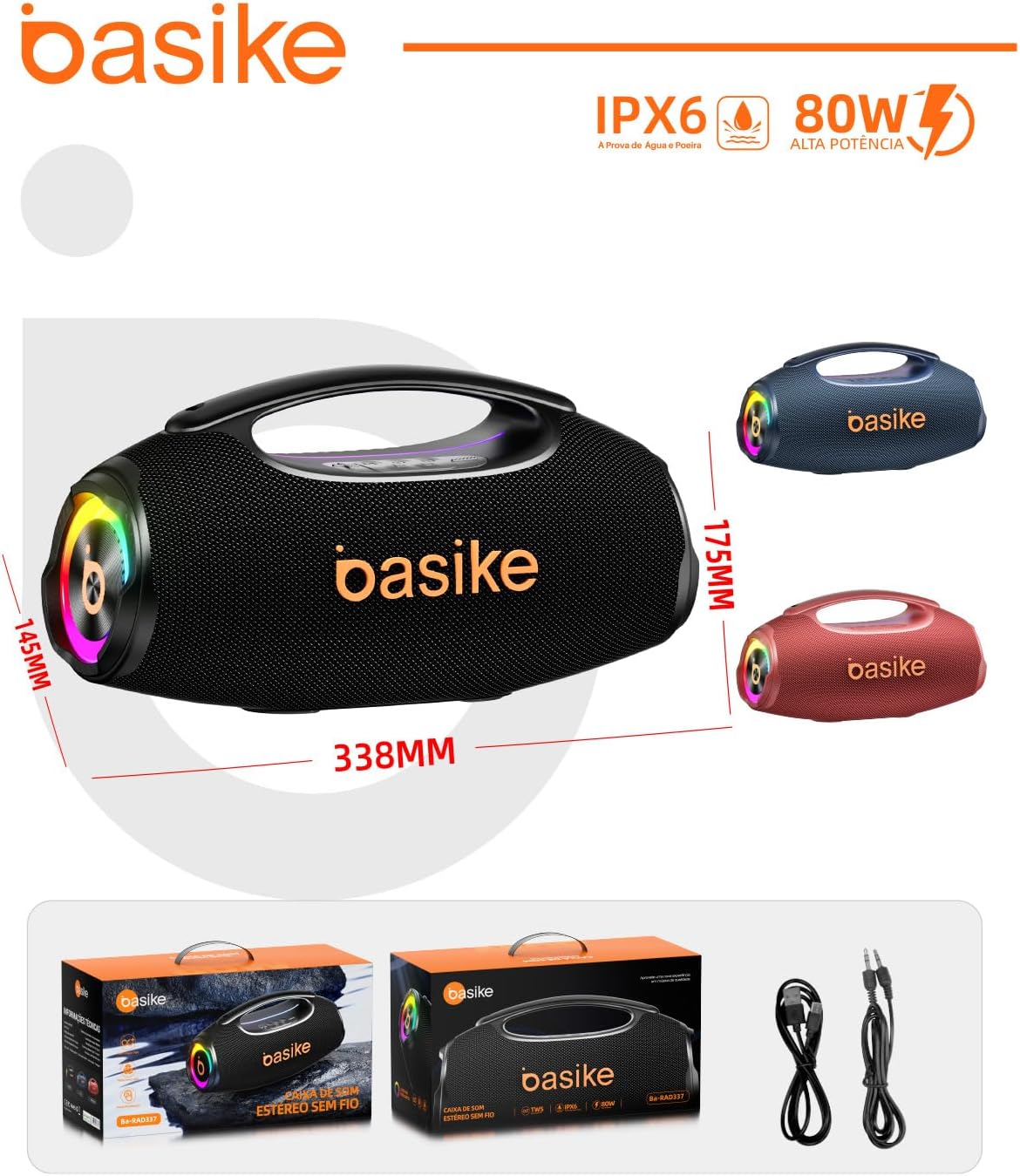 Basike Caixa de Som Bluetooth Portátil 80W RMS (Pico 120W), TWS Estéreo, Modos EQ, Luzes RGB, IPX6 Resistente à Água, Bateria 8000mAh, para Home Theater, Festa e Uso Externo – Preto