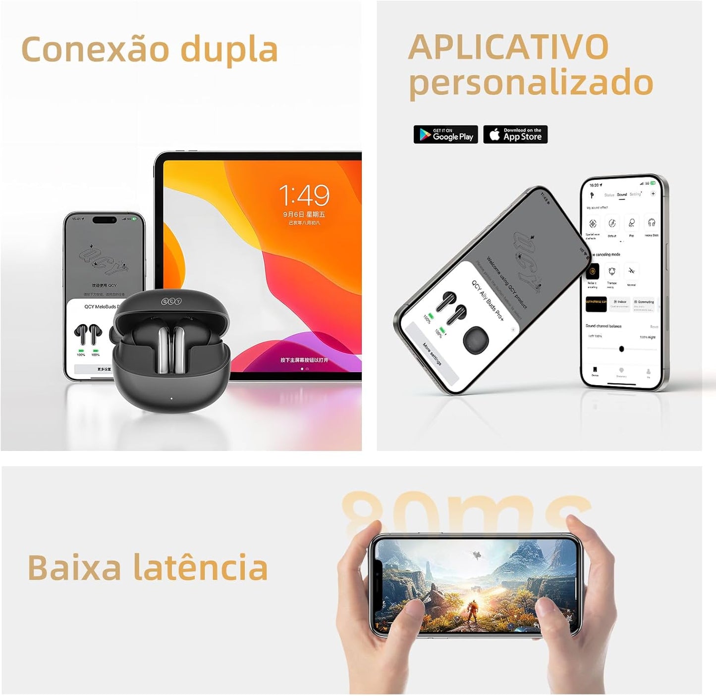 Fones de Ouvido QCY MeloBuds Pro, Fone Bluetooth com Cancelamento de Ruído Ativo, Certificação Hi-Res, 34 Horas De Reprodução, Preto (Black)