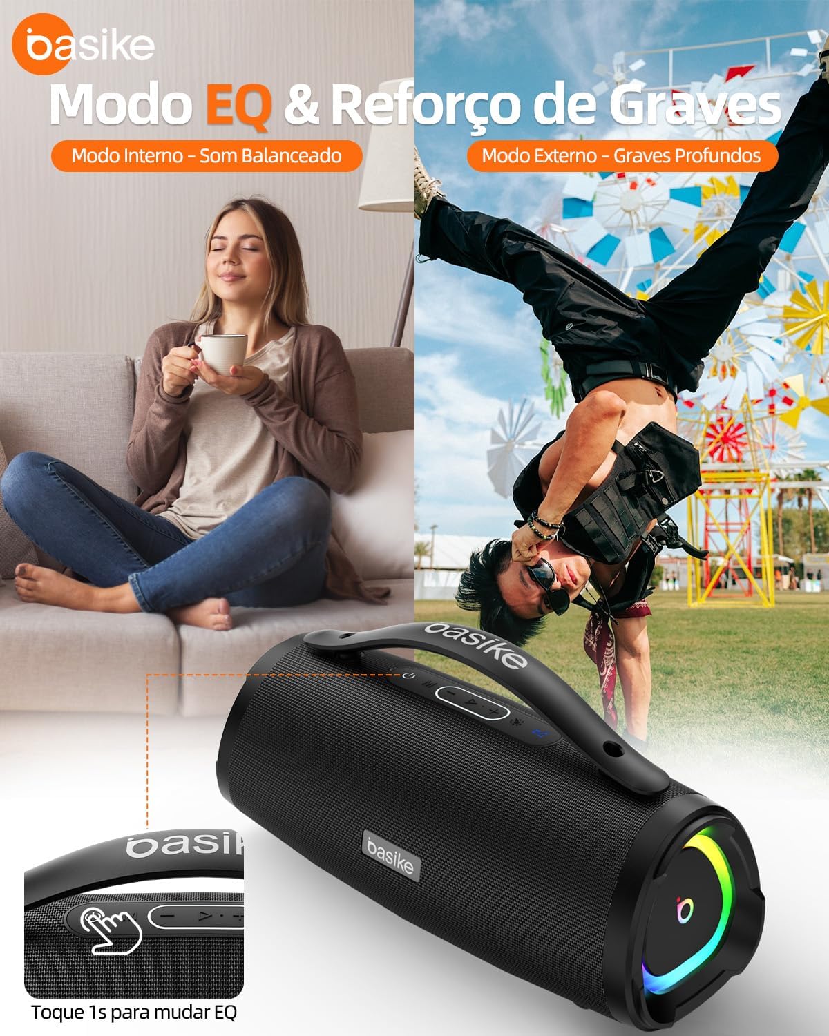 Basike Caixa de Som Bluetooth Portátil 100W RMS (160W Pico), TWS Estéreo, EQ, Microfone Integrado, Luzes RGB, IPX6 Resistente à Água, 12h de Bateria para Home Theater, Festa e Exterior – Preto