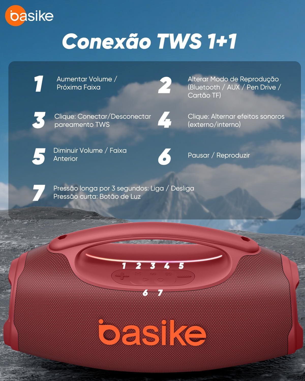 Basike Caixa de Som Bluetooth Portátil 80W RMS (Pico 120W), TWS Estéreo, Modos EQ, Luzes RGB, IPX6 Resistente à Água, Bateria 8000mAh, para Home Theater, Festa e Uso Externo – Preto