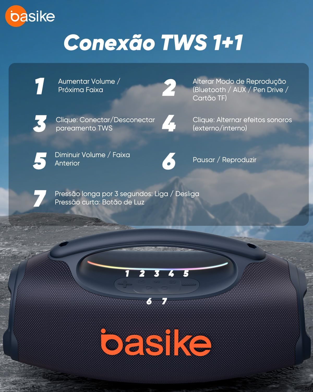 Basike Caixa de Som Bluetooth Portátil 80W RMS (Pico 120W), TWS Estéreo, Modos EQ, Luzes RGB, IPX6 Resistente à Água, Bateria 8000mAh, para Home Theater, Festa e Uso Externo – Preto