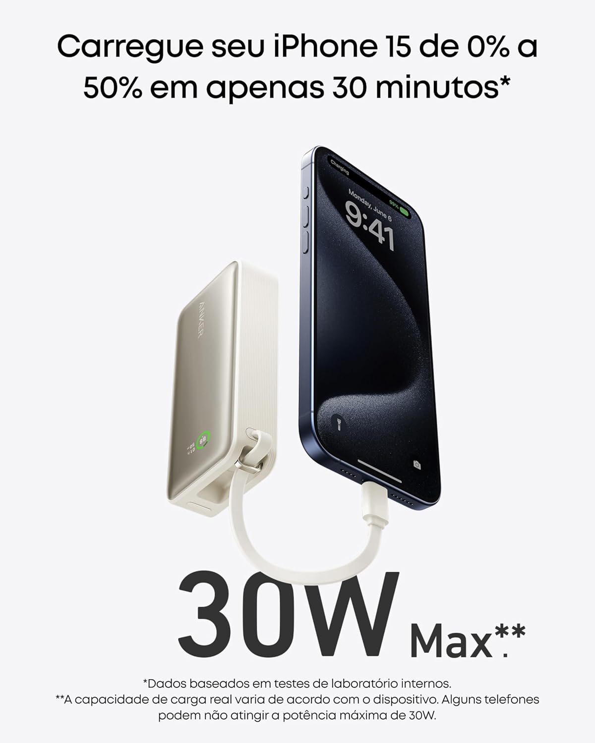 Anker Nano Power Bank, Carregador Portátil de 10.000 mAh com Cabo USB-C Integrado, Saída Máxima de 30W, para iPhone 17/iPhone 16/Série 15, MacBook, AirPods e Mais, Preto