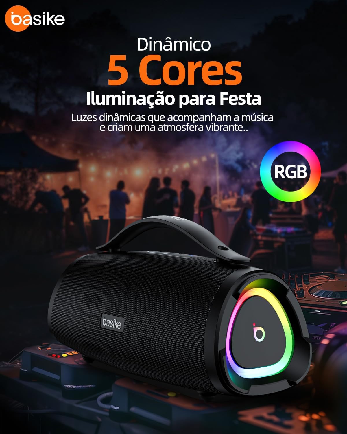 Basike Caixa de Som Bluetooth Portátil 100W RMS (160W Pico), TWS Estéreo, EQ, Microfone Integrado, Luzes RGB, IPX6 Resistente à Água, 12h de Bateria para Home Theater, Festa e Exterior – Preto