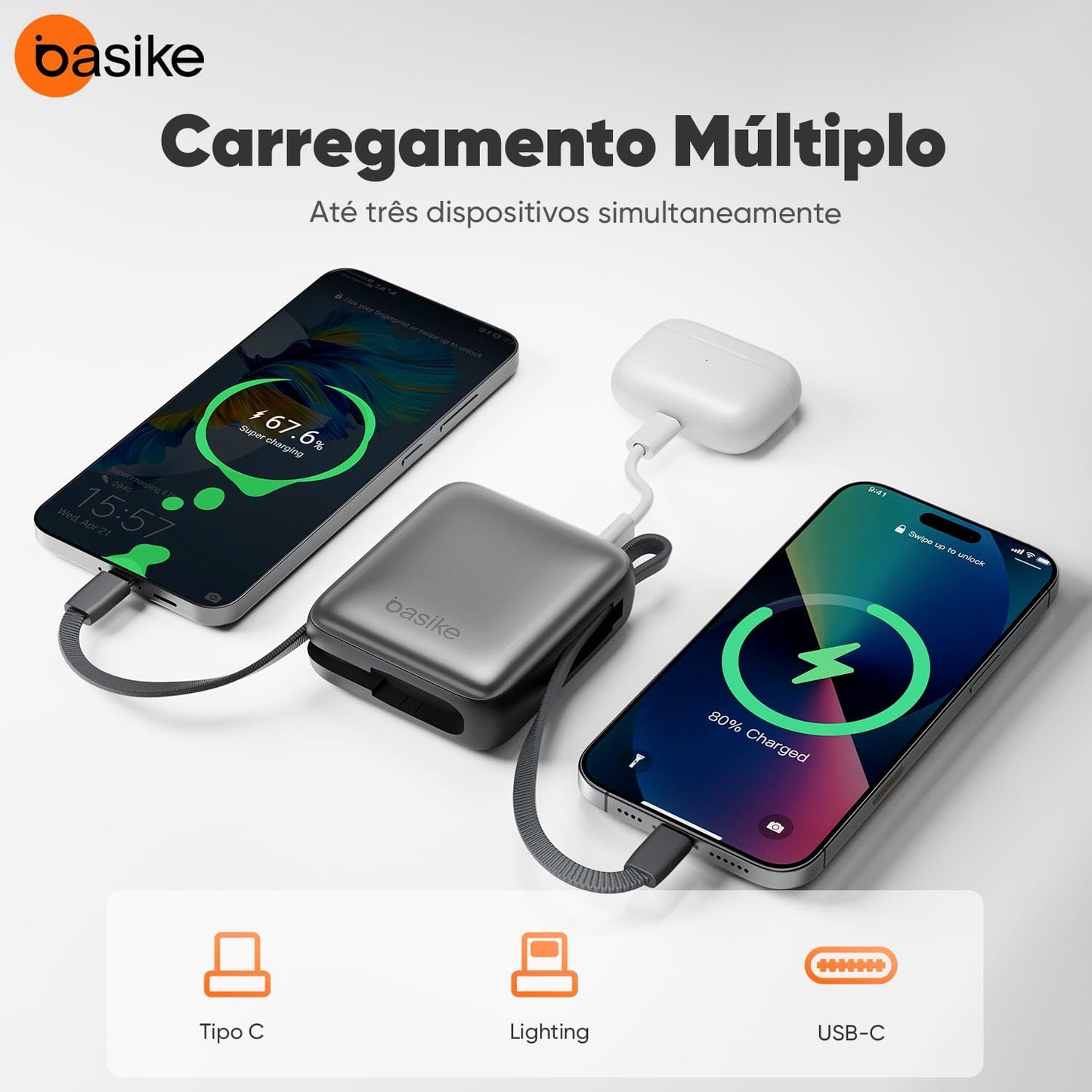 Basike Carregador Portátil 10000mAh, Mini Power Bank com Cabos Integrados, Carregamento Rápido 22.5W(MAX), Pequeno, Led Indicador de Bateria para iPhone/Samsung/Huawei/Xiaomi, etc (Cinza)