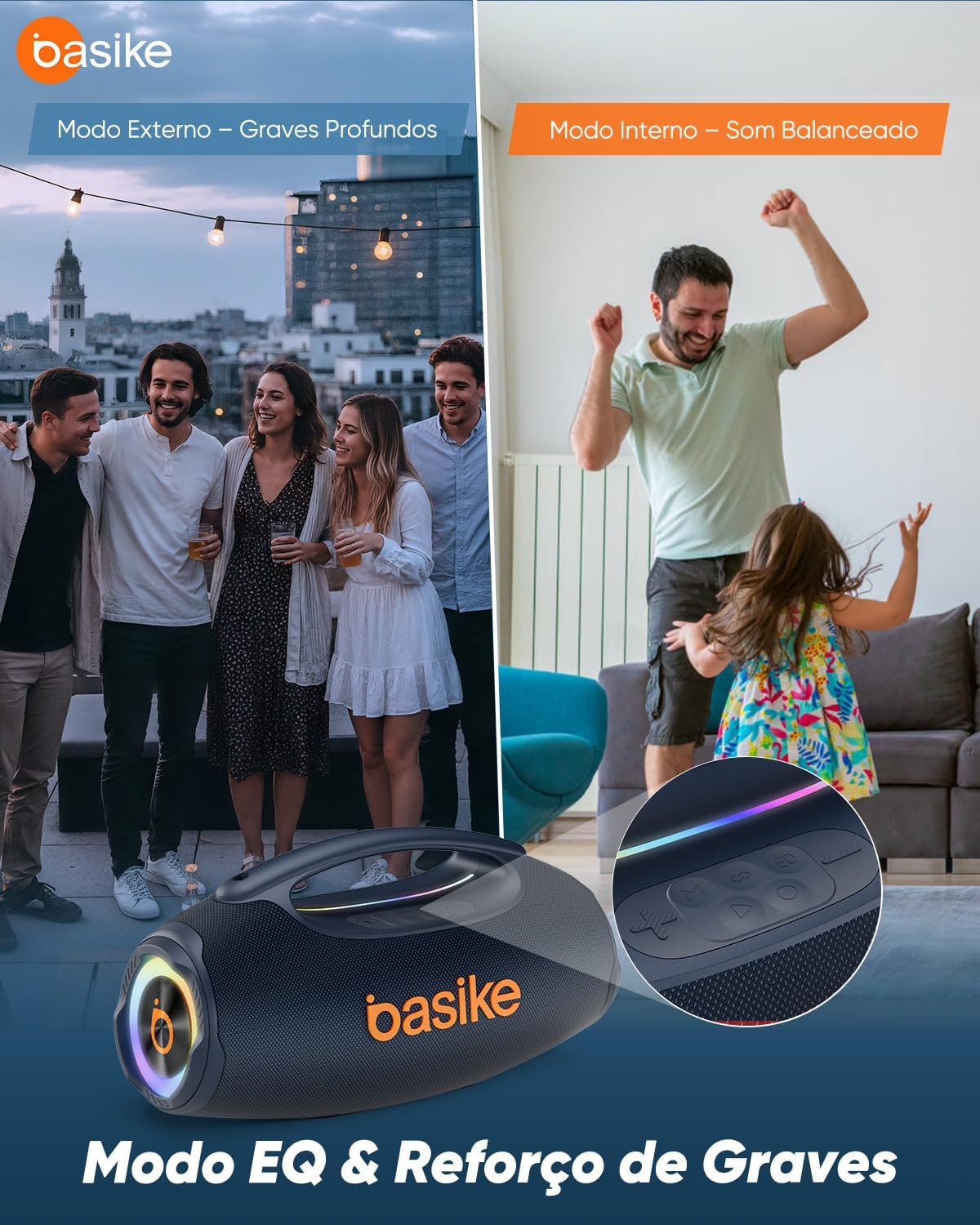 Basike Caixa de Som Bluetooth Portátil 80W RMS (Pico 120W), TWS Estéreo, Modos EQ, Luzes RGB, IPX6 Resistente à Água, Bateria 8000mAh, para Home Theater, Festa e Uso Externo – Preto