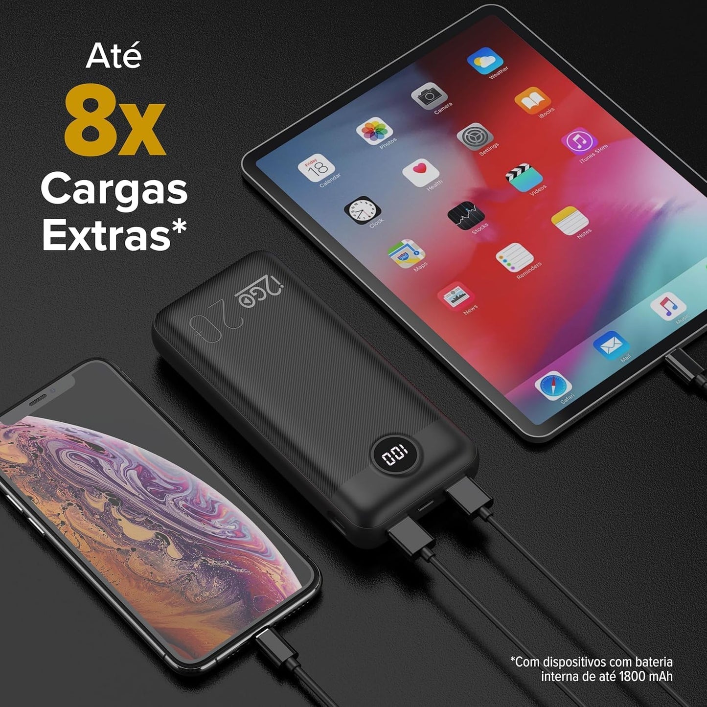 I2GO, Carregador Portátil (Power Bank) Ultra Rápido 20000mAh, Power Delivery 20W, 2 Saídas USB + 1 Saída/Entrada USB-C, Preto, i2GO PRO