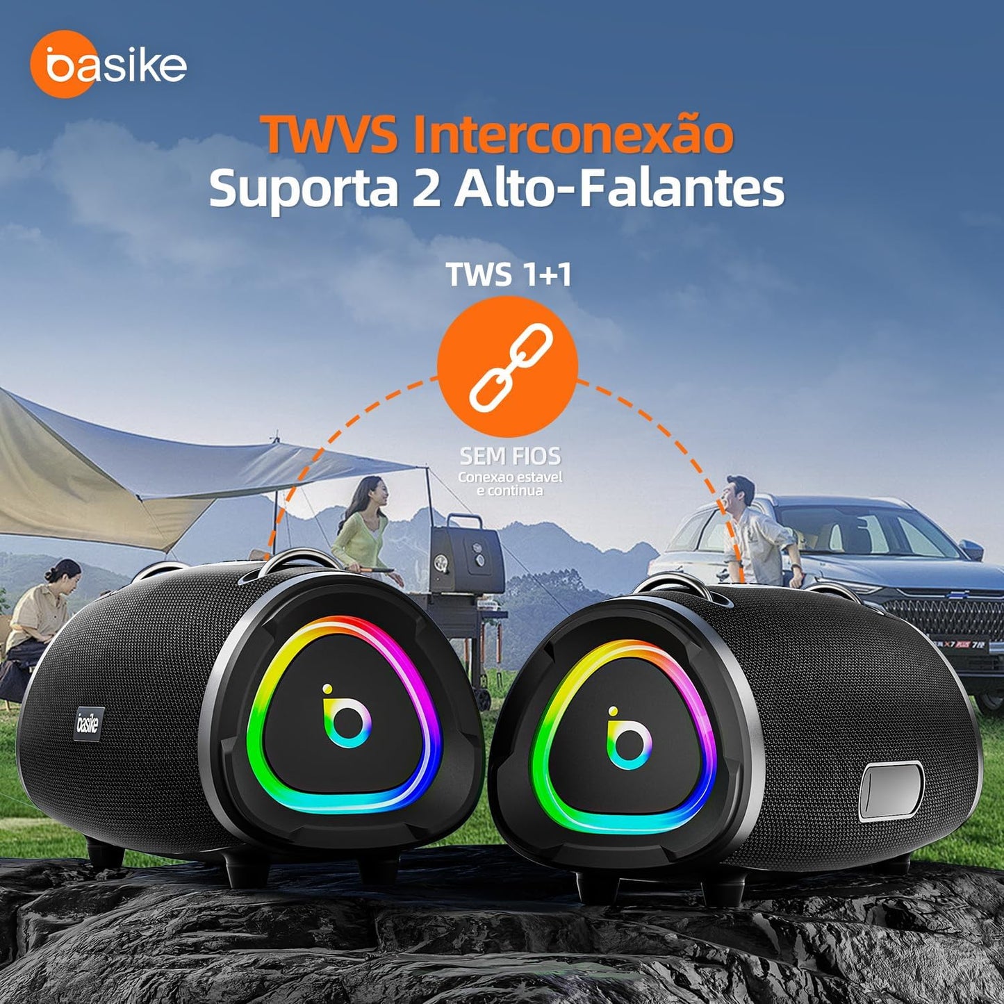 Basike Caixa de Som Bluetooth Portátil 100W RMS (160W Pico), TWS Estéreo, EQ, Microfone Integrado, Luzes RGB, IPX6 Resistente à Água, 12h de Bateria para Home Theater, Festa e Exterior – Preto