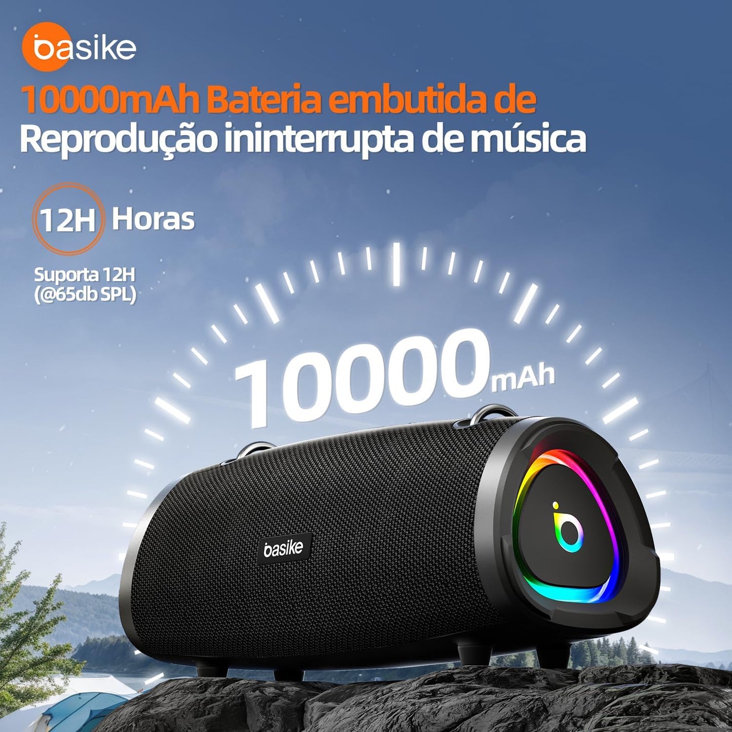 Basike Caixa de Som Bluetooth Portátil 100W RMS (160W Pico), TWS Estéreo, EQ, Microfone Integrado, Luzes RGB, IPX6 Resistente à Água, 12h de Bateria para Home Theater, Festa e Exterior – Preto
