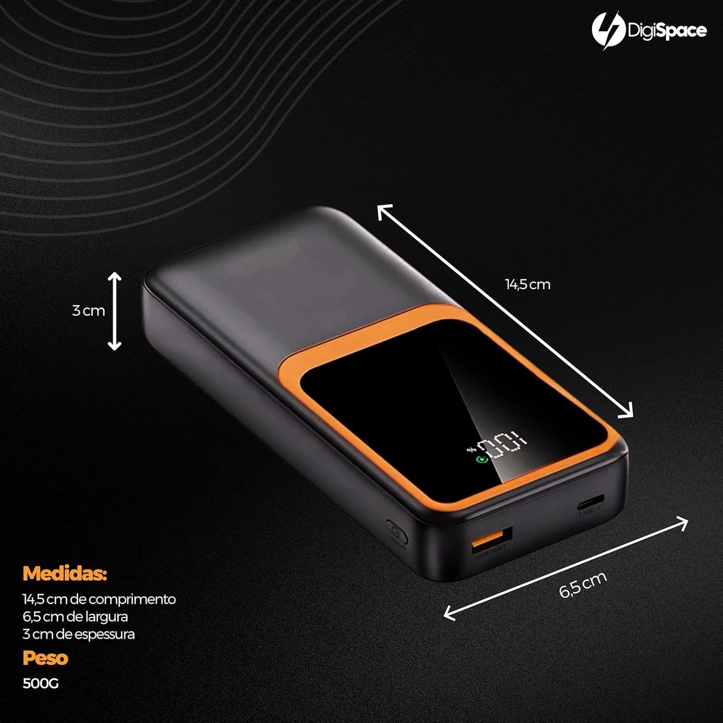 Carregador Portátil (Power Bank) 20000Mah Turbo 22.5w Carregamento Ultra Rápido PD Visor Led com 2 Saídas Compatível com Android e IOS (Preto)