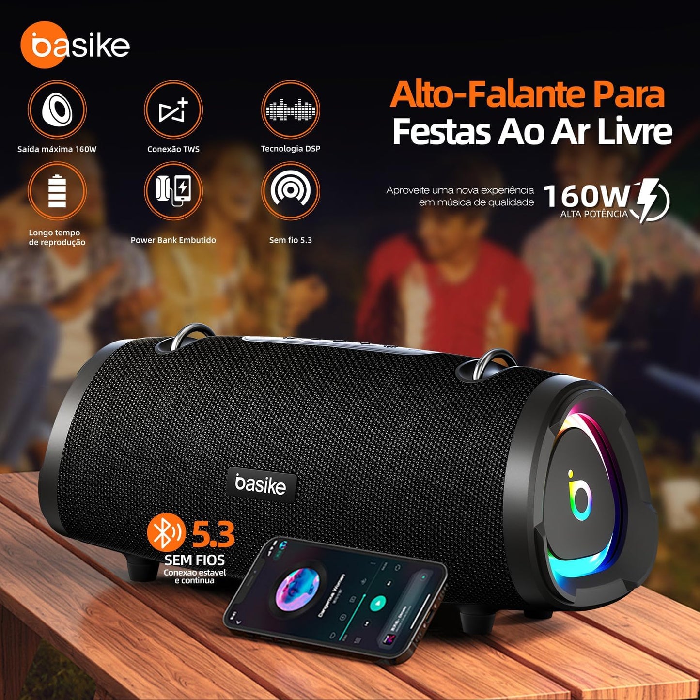 Basike Caixa de Som Bluetooth Portátil 100W RMS (160W Pico), TWS Estéreo, EQ, Microfone Integrado, Luzes RGB, IPX6 Resistente à Água, 12h de Bateria para Home Theater, Festa e Exterior – Preto