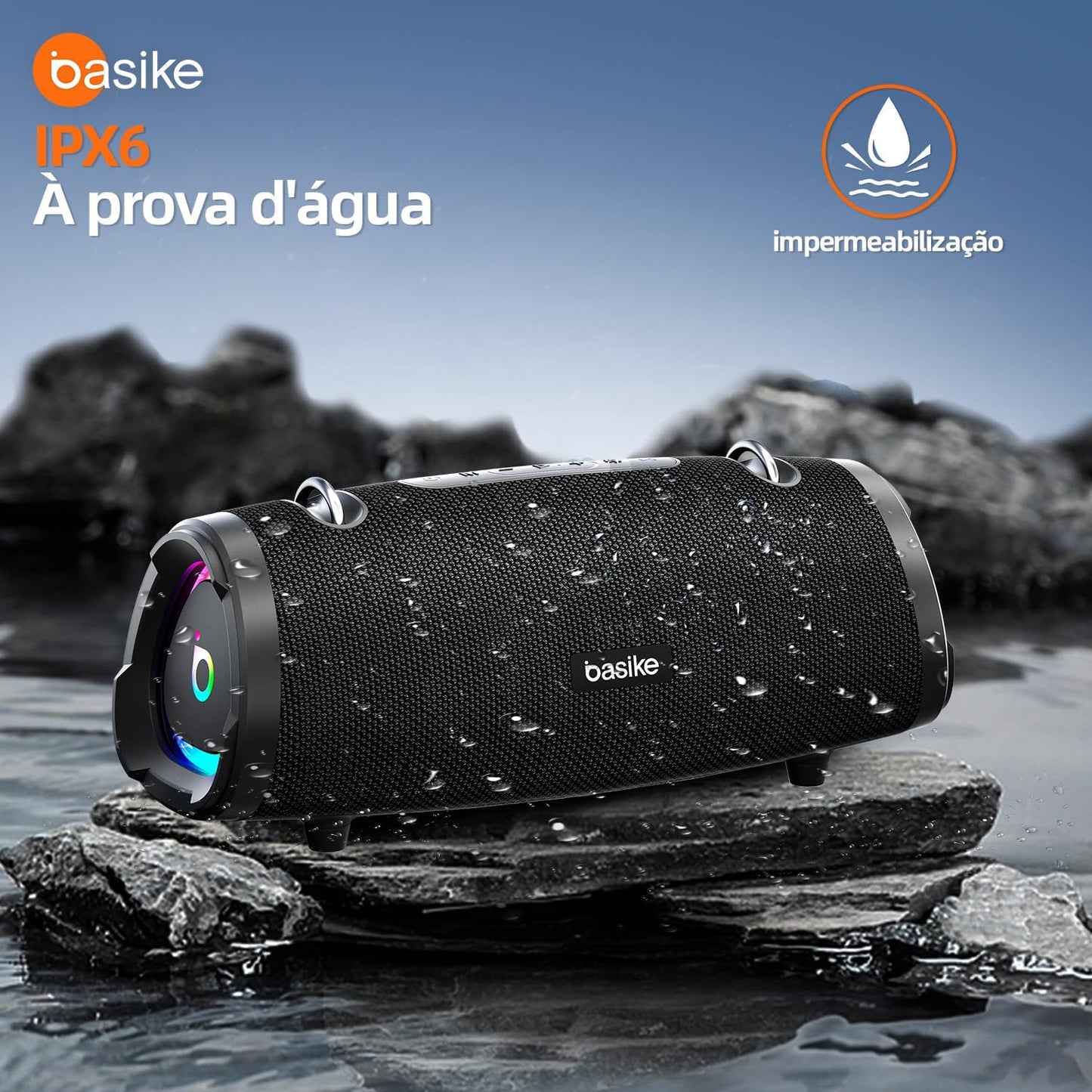 Basike Caixa de Som Bluetooth Portátil 100W RMS (160W Pico), TWS Estéreo, EQ, Microfone Integrado, Luzes RGB, IPX6 Resistente à Água, 12h de Bateria para Home Theater, Festa e Exterior – Preto