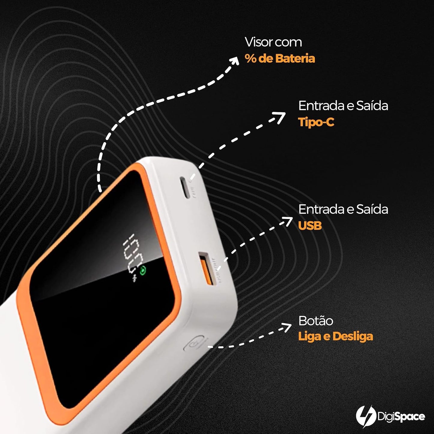 Carregador Portátil (Power Bank) 20000Mah Turbo 22.5w Carregamento Ultra Rápido PD Visor Led com 2 Saídas Compatível com Android e IOS (Preto)