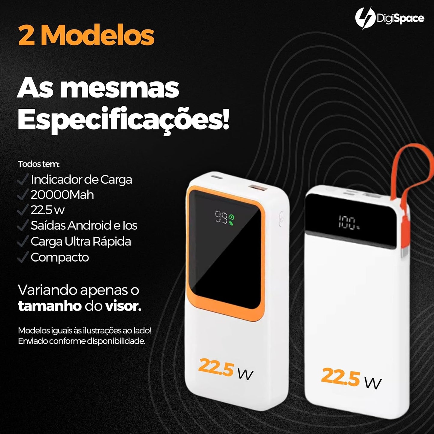 Carregador Portátil (Power Bank) 20000Mah Turbo 22.5w Carregamento Ultra Rápido PD Visor Led com 2 Saídas Compatível com Android e IOS (Preto)