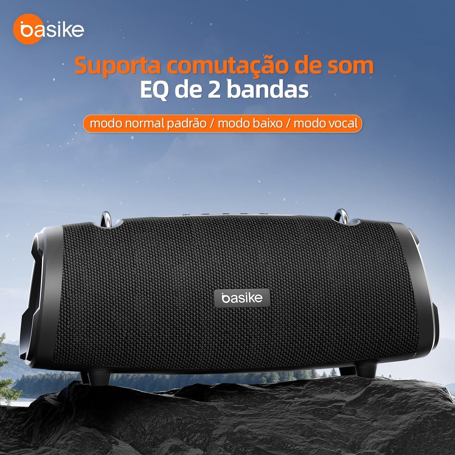 Basike Caixa de Som Bluetooth Portátil 100W RMS (160W Pico), TWS Estéreo, EQ, Microfone Integrado, Luzes RGB, IPX6 Resistente à Água, 12h de Bateria para Home Theater, Festa e Exterior – Preto