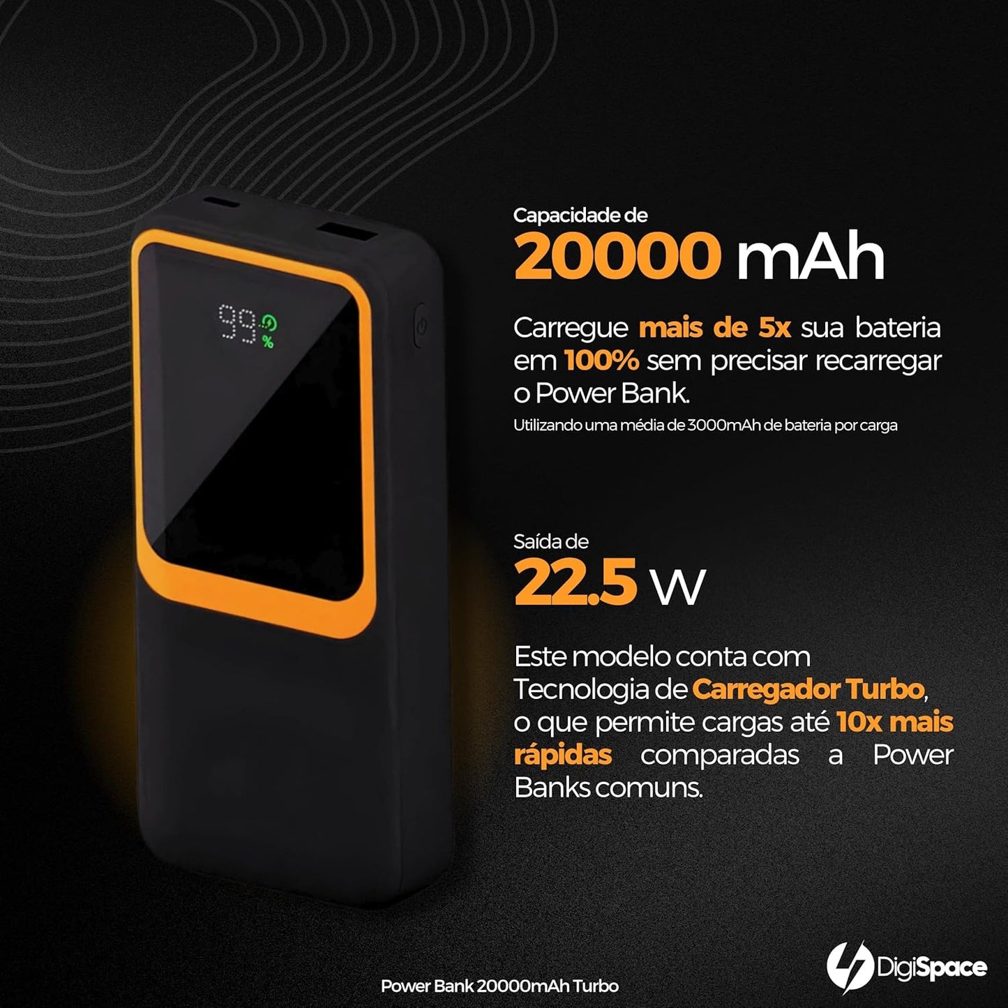 Carregador Portátil (Power Bank) 20000Mah Turbo 22.5w Carregamento Ultra Rápido PD Visor Led com 2 Saídas Compatível com Android e IOS (Preto)